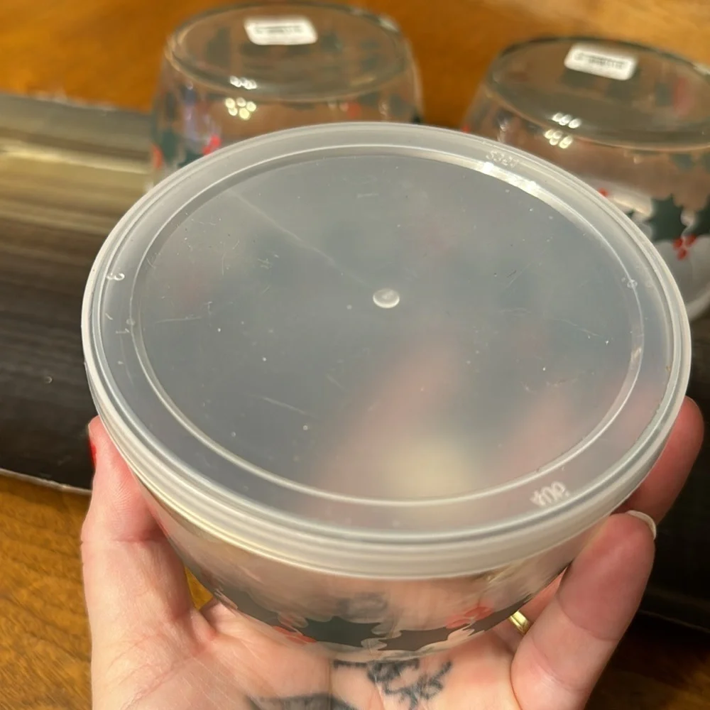 New Crate & Barrel Holly Leaf Lidded Bowls 16.5 oz Lot of 3 Christmas Tupperware